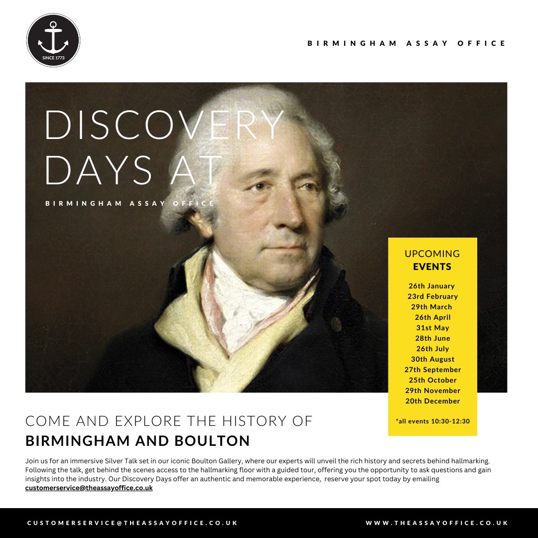 This exclusive event will include an in-depth talk where you will learn all about the long history of hallmarking and the success of the Birmingham Assay Office since it was founded by Matthew Boulton’s efforts in 1773. Tickets available here eventbrite.co.uk/e/discover-the… ⚓️