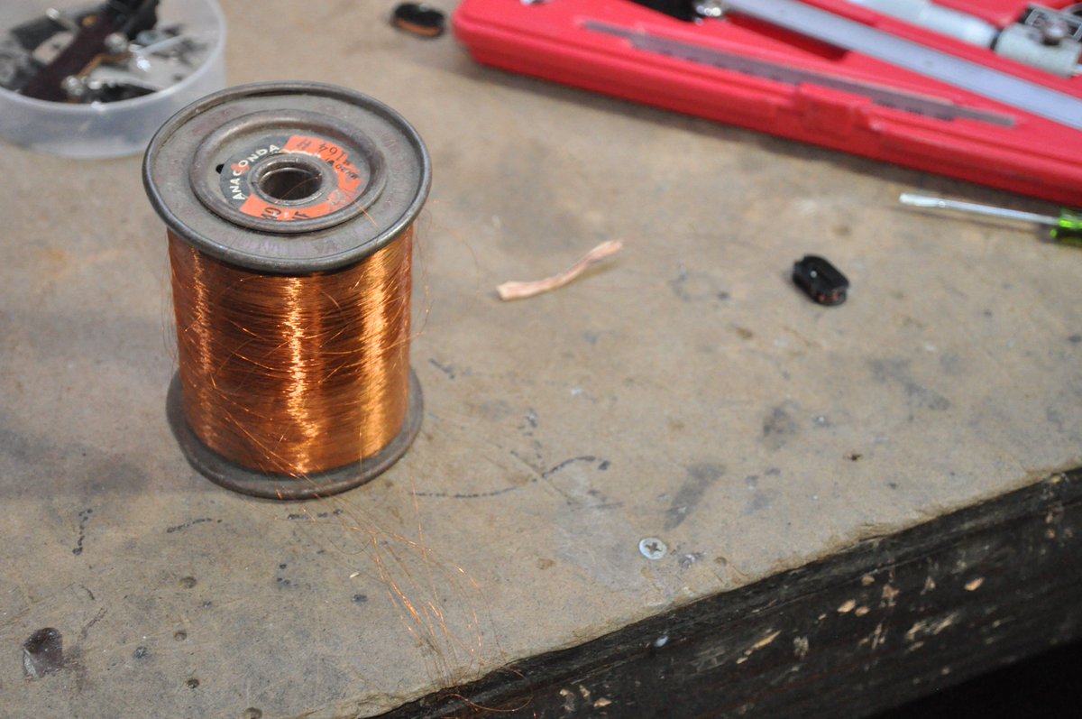 Fortunately I have some #40 wire, though I will have to take few layers off until I can get past the shelf-wear on the spool. It will be a challenge to do this without breaking the wire! (I think the original may be #42)