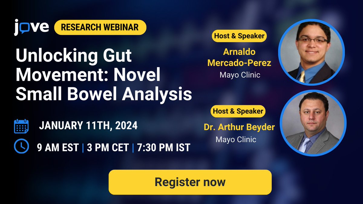 Researchers, join our webinar where speakers @artbeyder, Gastroenterologist & Arnaldo Mercado-Perez, MD-PhD Student @MayoClinic will discuss recent advancements in small bowel studies using a modified in vivo method to determine small bowel transit: hubs.ly/Q02fsj5L0