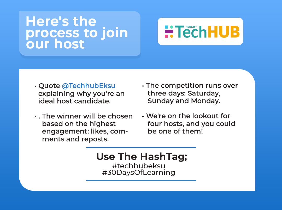 TechhubEksu's tweet photo. Excited about taking part in our Host Challenge? This is your chance!
Here's a step-by-step guide on how to become a participant in this challenge. Get ready with your "brief" to quote us tomorrow and showcase your hosting skills!
#techhubeksu #30DaysOfLearning #HostChallenge https://t.co/kNjOJQslEh