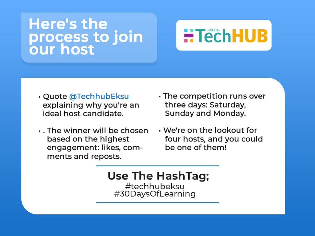 gdg_Eksu's tweet photo. Keen on being part of our Host Challenge? Look no further!
Here's a comprehensive guide on becoming a participant in this challenge. Prepare your "brief" to quote us tomorrow and showcase your hosting prowess!
#gdsceksu #techhubeksu #30DaysOfLearning #GoogleDevelopersStudent https://t.co/xffI079EeD