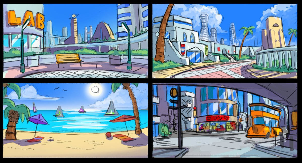 SeanCornishGD's tweet photo. Concept sketches for BATTLE BREAK kind a summer fun looking city. Had a lot of fun figuring out what the different areas of this city may look like, these where my favorite of ten. #concepts #location #locationdesign #conceptart #sketches #videogames #gamedev #arcade #indiegame https://t.co/mN0sE1JkMD