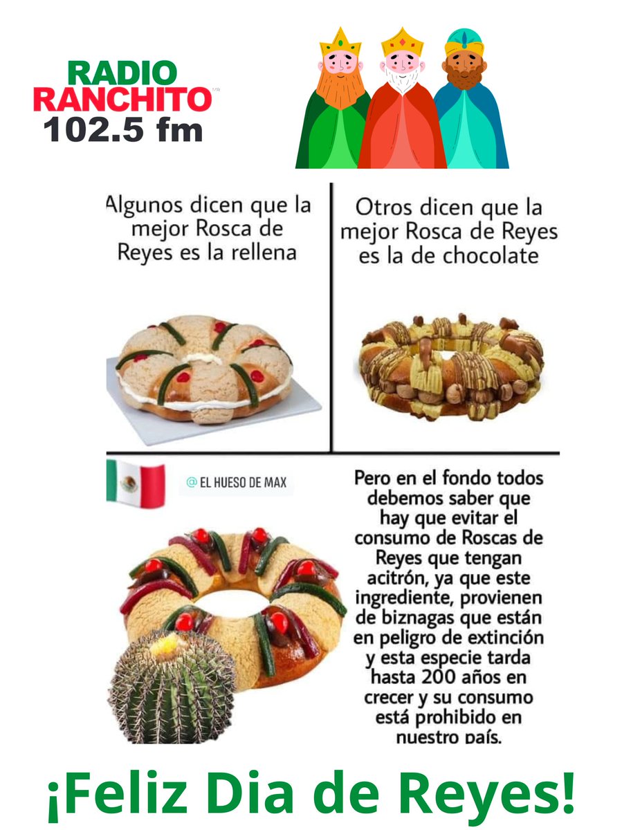Radio_Ranchito's tweet photo. #DiaDeReyes como van ya partieron rosca, espero que si les sale la bendición cumplan con los tamalitos. No se les pase dejar su cartita no usen globos, pongan su zapato en la noche.

#RadioRanchito #MegustaMas #FelizViernesATodos https://t.co/aYkAFfF5rl