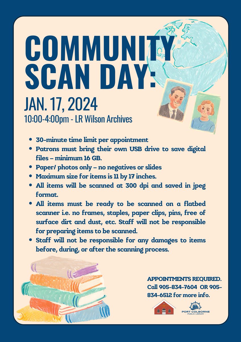 On January 17th the L.R. Wilson Heritage Research Archives and Port Colborne Public Library will be hosting a Community Scan Day. Conserve your own history by making digital scans of; photographs, documents, recipes, mementos, and more.

Appointments are required.