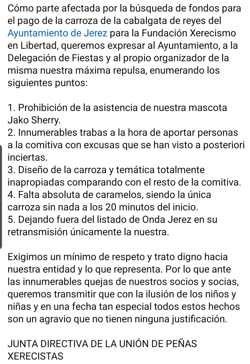 COMUNICADO OFICIAL DE LA UNIÓN DE PEÑAS XERECISTAS