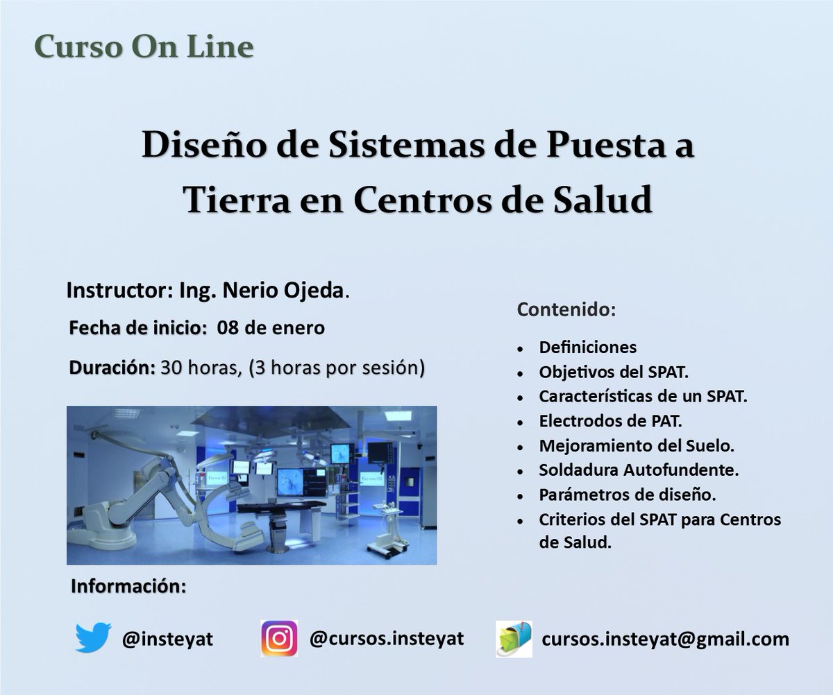 insteyat's tweet photo. Este curso está dirigido a personas vinculadas a 
proyectos de Sistemas de Puesta a Tierra en Centros de Salud.

Información en https://t.co/xU0Fn7WLt6 https://t.co/YI6tkiLOUf