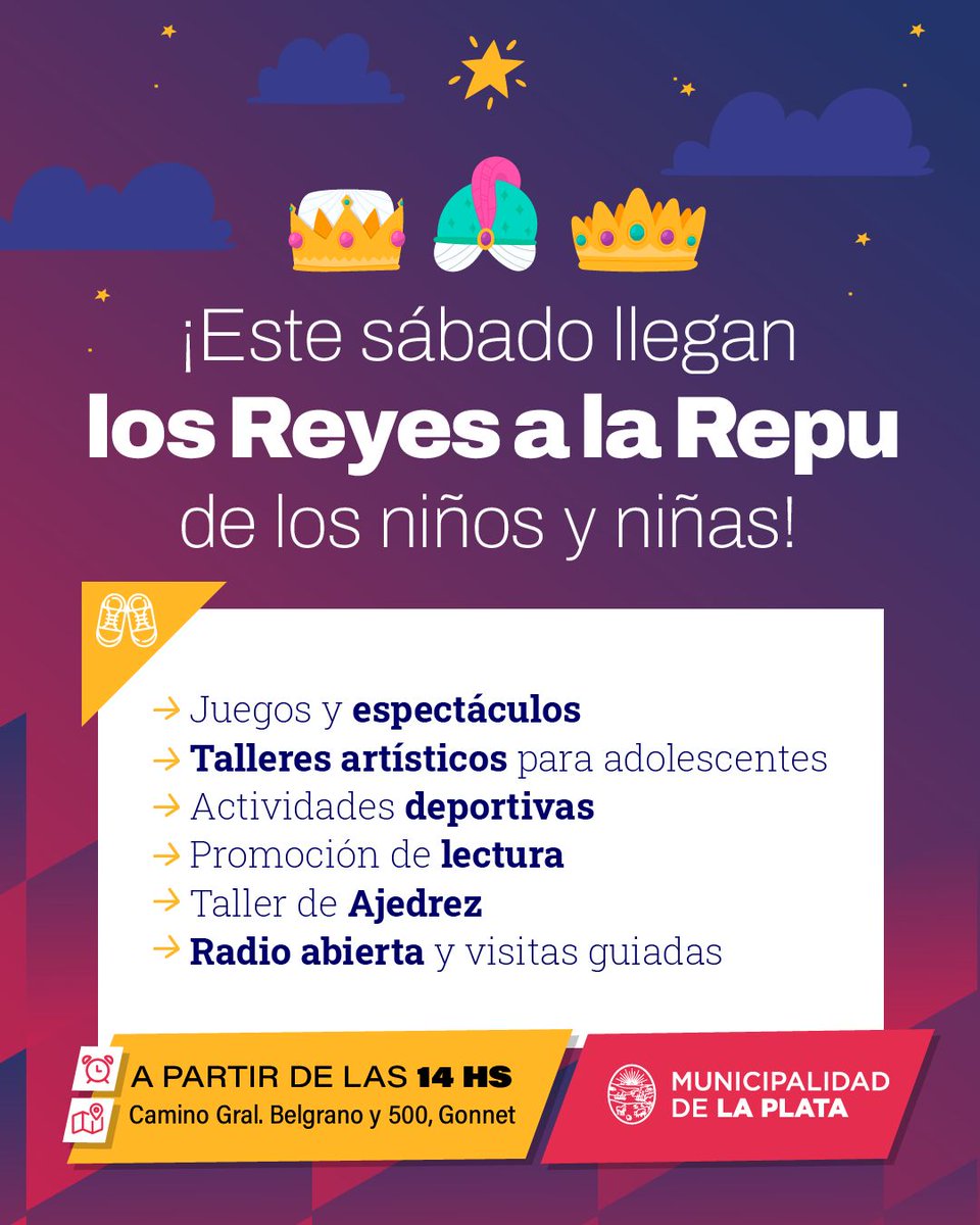 🥳 Los Reyes en la Repu de los niños y niñas 👑

🏰 ¡Este sábado a partir de las 14:00 te esperamos con muchísimos juegos, talleres y actividades!