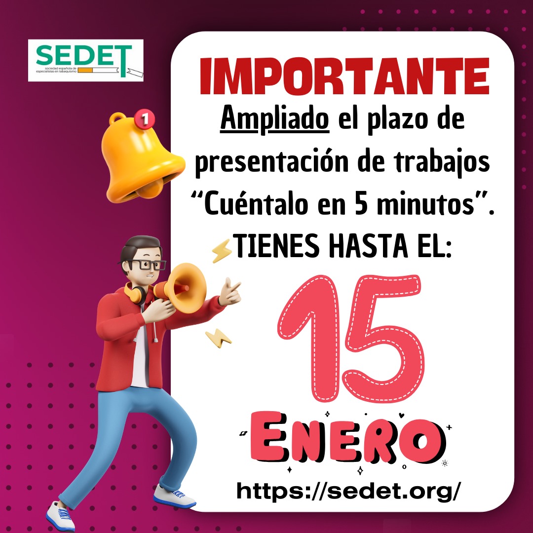 IMPORTANTE:

Ampliado el plazo hasta el 15 de enero para la presentación de comunicaciones, posters y casos clínicos.

CUENTALO EN 5’ 2024

👉🏻 Podrán participar cualquier profesional y estudiante del ámbito de  de la Salud interesados en el tema de la cesación tabáquica. ⏬