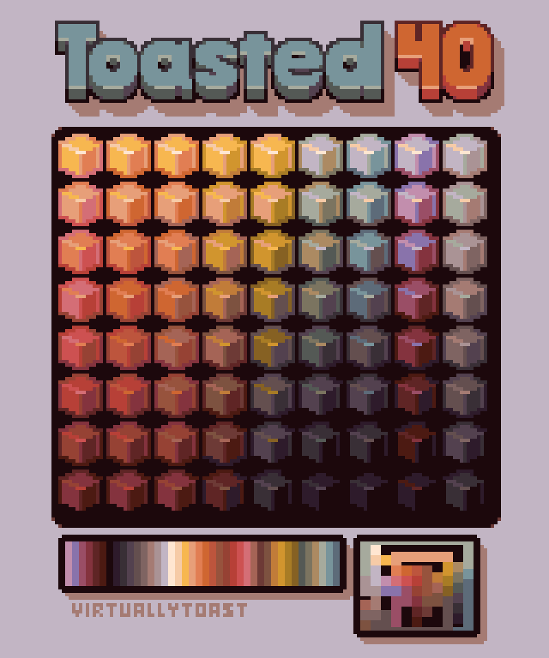 virtuallytoast's tweet photo. I'm finally sharing my signature palette, Toasted40! I tweaked and changed it throughout last year to be sure it's as good as I can make. It's a really nice palette to work with, and I'd love to see what you all can make with it! https://t.co/4mgX7Cf8mc