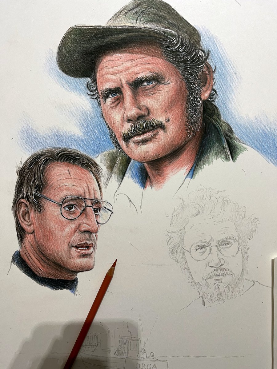 'Cage goes in the water, you go in the water. Shark's in the water. Our shark.' Quint - Jaws 
Close up of Robert Shaw 
18 x 14 inch coloured pencil drawing featuring the 3 main characters and Quint's boat 'Orca' 🦈🦈🦈 #jaws #robertshaw #royscheider #richarddreyfuss