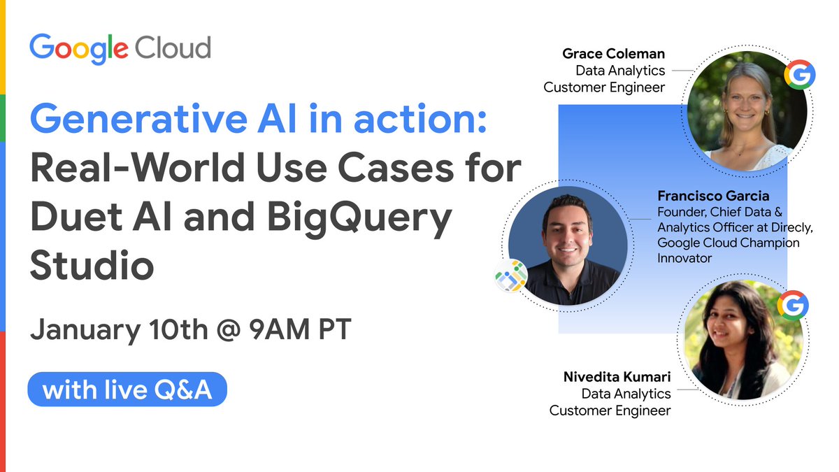 Let’s get real! Join us on January 10 to see real-world #generativeAI use cases in action. Learn how #DuetAI and #BigQuery can help you make the most out of your data, including code and text generation, summarization, prompt engineering, and more → goo.gle/3RJIhNj