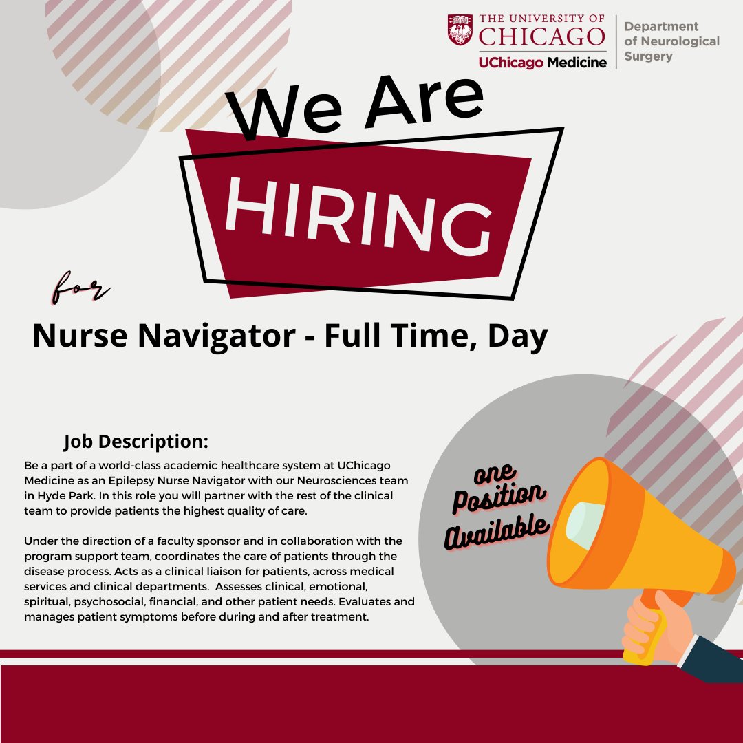 We have a new position approved for an Epilepsy Nurse Navigator! Learn more and apply at the link in our bio! #uchicago #uchicagomedicine #hiring  #advancedpracticeproviders