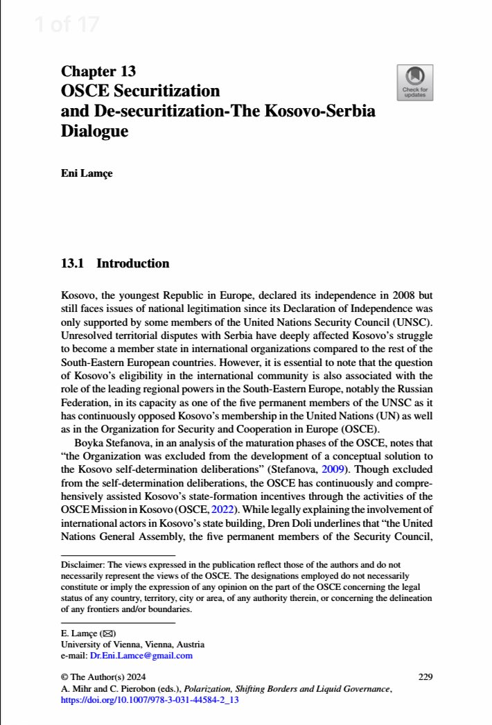 EniLamce's tweet photo. My 2nd book chapter published by @OSCE_Academy &amp; @SpringerNature, with focus on #OSCE securitization and de-securitization in relation to #Kosovo-#Serbia dialogue, is available in the link below:

📖 https://t.co/mfd35eRkBC https://t.co/IjNmrhM9xC