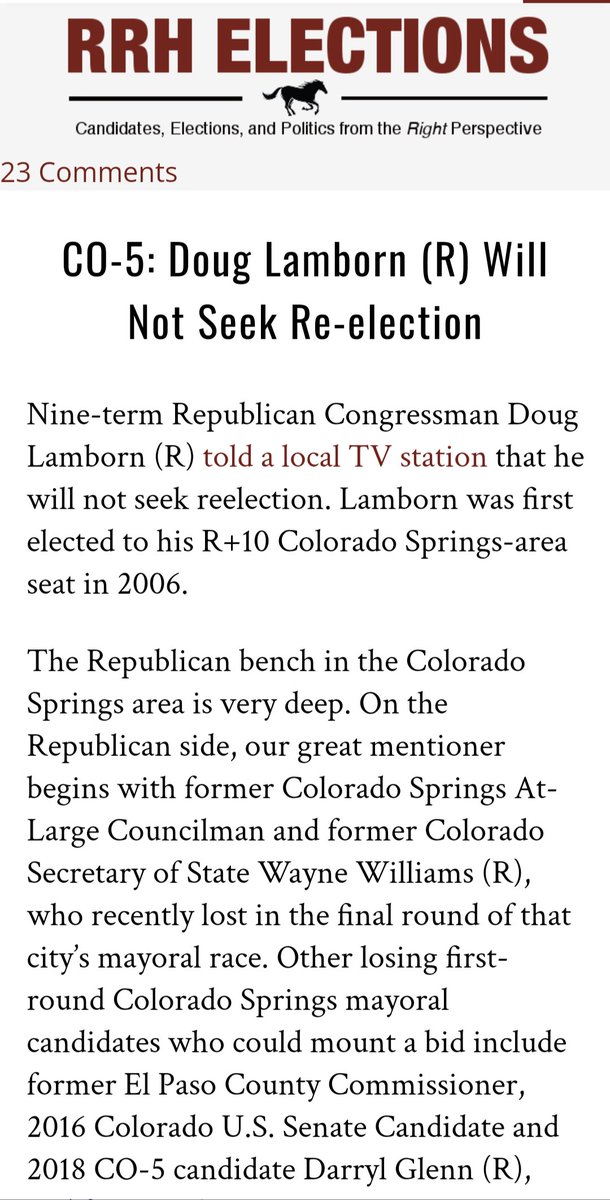 RRHElections's tweet photo. 9-term #C005 Rep. Doug Lamborn (R) will not seek reelection. We've got full details & Great Mentioner on possible replacements for this R+10 seat here👇
https://t.co/wlasLhMBhH https://t.co/gNdu2wgwOt