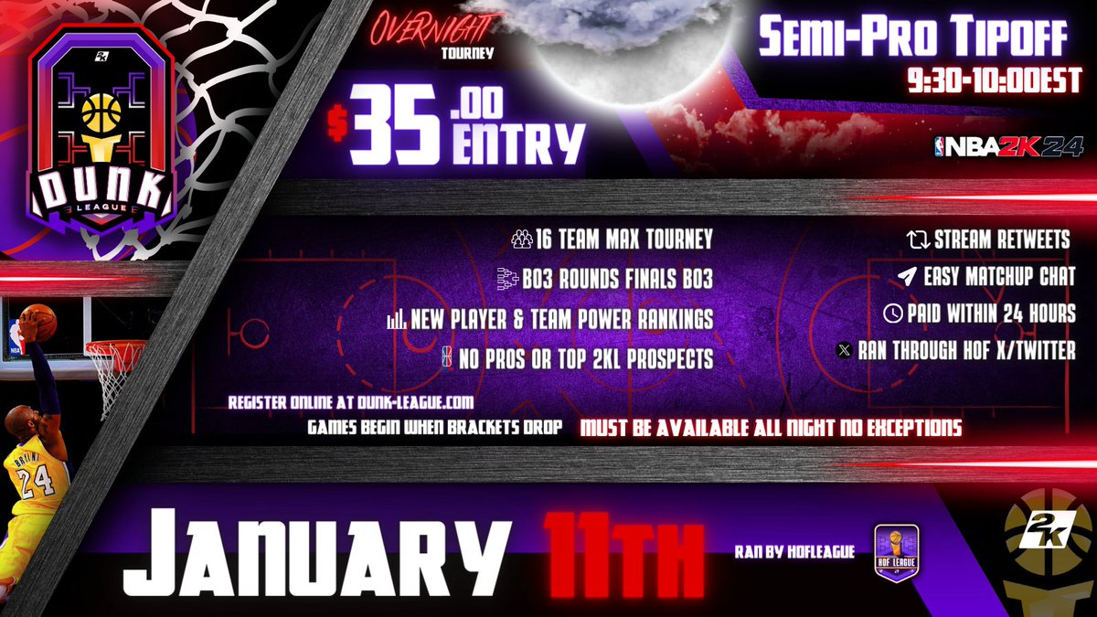 DUNKLeague2K's tweet photo. 🏆DUNK SEMI-PRO OVN registration is LIVE! 

🔥$35 ENTRY

🚨 Sign-ups are due by 8:30 PM EST 

🌒 Brackets drop at 9:30-10 PM EST 

🔘Every round is a BO3 through finals 

▶️ Register Now: https://t.co/wkVjKmYAD7

@DangerrFT @youFamousEnough @iNetworkSports @DirtyGraphics #OVN https://t.co/kYX2exdigt