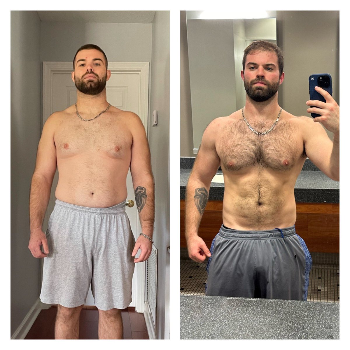 I’m only 10 lbs different in each of these photos, with 2 years apart.
195 lbs vs 185lbs 
2021 ➡️ 2023
Eating ancestrally will help you completely recomp your body. Eating more meat and fruit is great, but isn’t enough. You need to reject seed oils and control your environment.