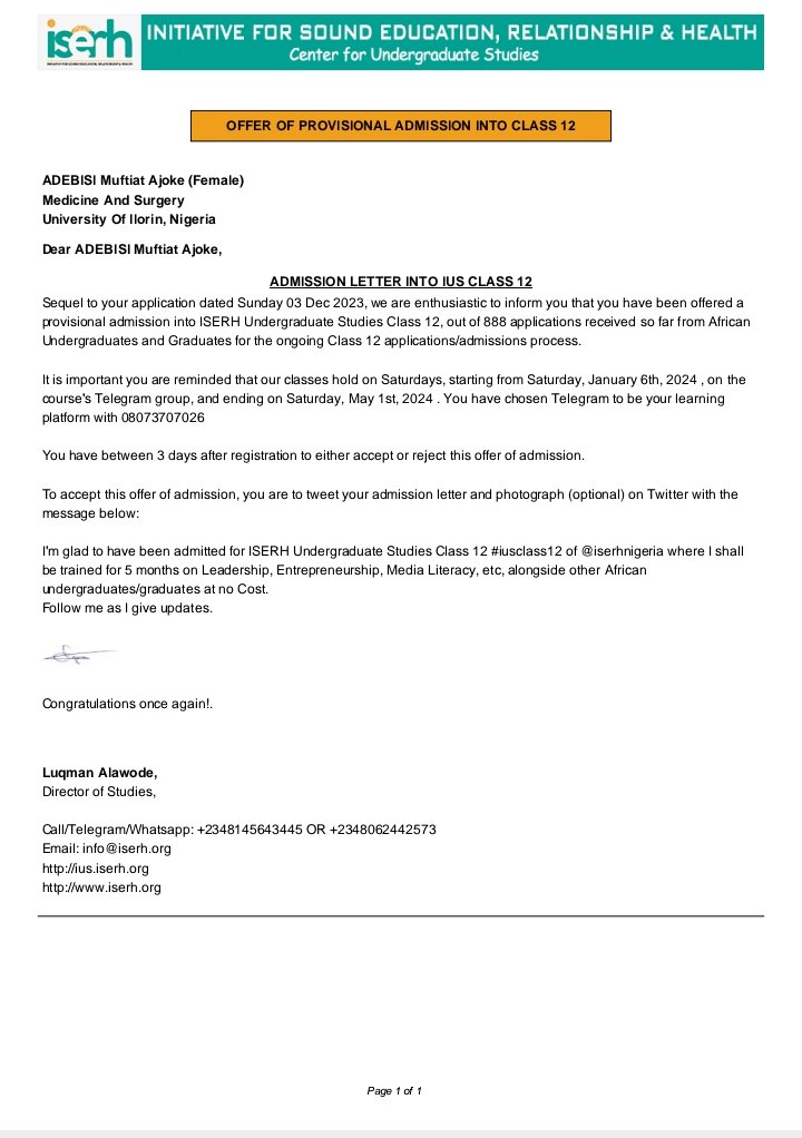 Al_munawwarah_'s tweet photo. I'm glad to have been admitted for ISERH Undergraduate Studies Class 12 #iusclass12 of @iserhnigeria where I shall be trained for 5 months on Leadership, Entrepreneurship, Media Literacy, etc, alongside other African undergraduates/graduates at no Cost. Follow me as I give update https://t.co/ksgkn1iDps