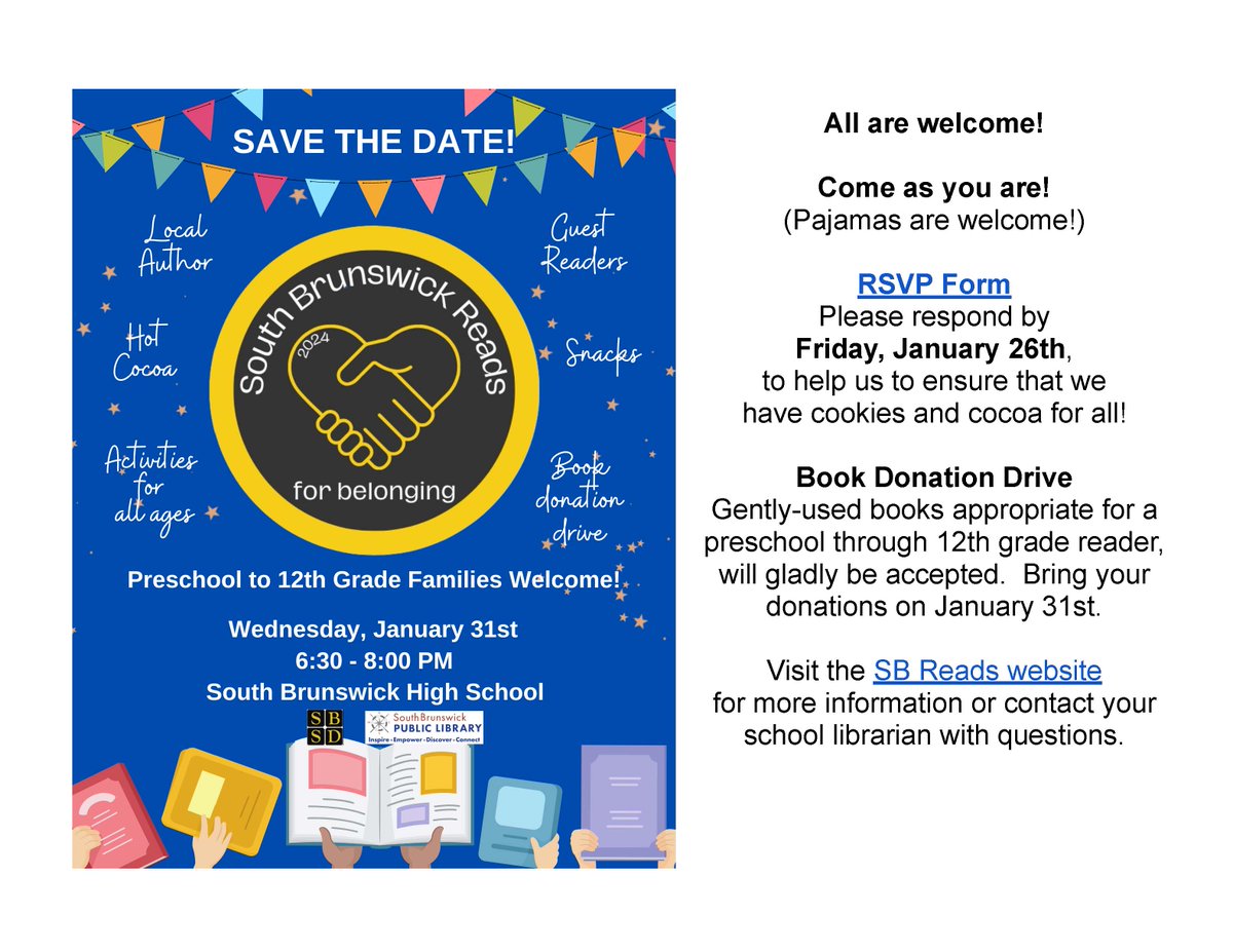 Join us for our South Brunswick Reads for Belonging on Wednesday, January 31st @ 6:30 p.m. @ SBHS.
Click on following link to RSPV by January 26th. docs.google.com/forms/d/e/1FAI…
#sbpdchat <a href="/SSfeder/">欧洲杯开云体育亚博体育华体会爱游戏乐鱼体育百家乐pc28时时彩广发体育星空体育米兰体育</a> <a href="/noyi/">Dr. Evelyn Mamman (she/her)</a> <a href="/SBHSLibrarian/">Lisa Manganello</a> <a href="/SuzanneLuckBorn/">Suzanne Luck-Born</a>