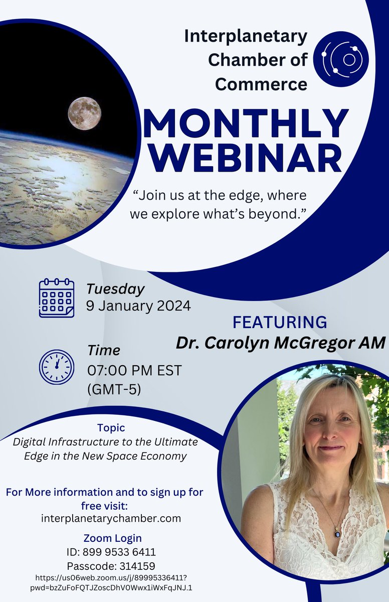 Carolyn McGregor AM (@cp_mcgregor) on Twitter photo I am thrilled to introduce the Interplanetary Chamber of Commerce & invite you to an inaugural webinar for the Chamber where I will discuss “Digital infrastructure to the ultimate edge in the new Space economy”
Jan 9th 7pm ET
us06web.zoom.us/j/89995336411?…
<a href="/OT_FBIT/">Ontario Tech University Faculty of Business and IT</a>
<a href="/OntarioTechHIR/">Ontario Tech HIR in AI4HW</a> I am thrilled to introduce the Interplanetary Chamber of Commerce & invite you to an inaugural webinar for the Chamber where I will discuss “Digital infrastructure to the ultimate edge in the new Space economy”
Jan 9th 7pm ET
us06web.zoom.us/j/89995336411?…
<a href="/OT_FBIT/">Ontario Tech University Faculty of Business and IT</a>
<a href="/OntarioTechHIR/">Ontario Tech HIR in AI4HW</a>