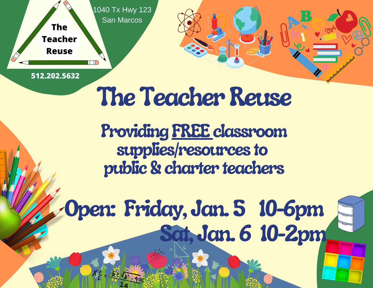 📣 Calling all teachers! 

Spread the word: <a href="/theteacherreuse/">Teacher Reuse</a> is providing FREE classroom supplies &amp; resources to public school teachers this weekend! Just bring your staff ID.

Thank you to The Teacher Reuse for supporting Central Texas educators! 🍎 #LockHeart4People