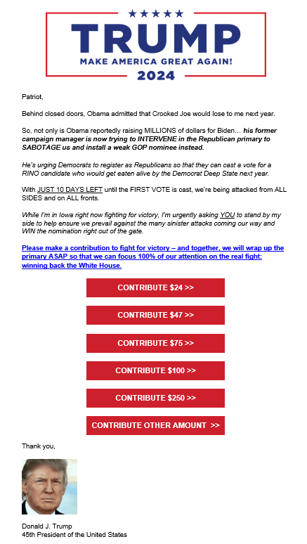 IamVyv's tweet photo. First of all, for those who sometimes question the veracity of some of the things I tweet from #SmellyOrangeBastard, #SOB: I assure you that this is a genuine #Griftmail sent by one of his #Scampacs.
ISTM, He is going back through Democrat presidents and will soon mention JFK.🤭 https://t.co/BltXTKFYh3
