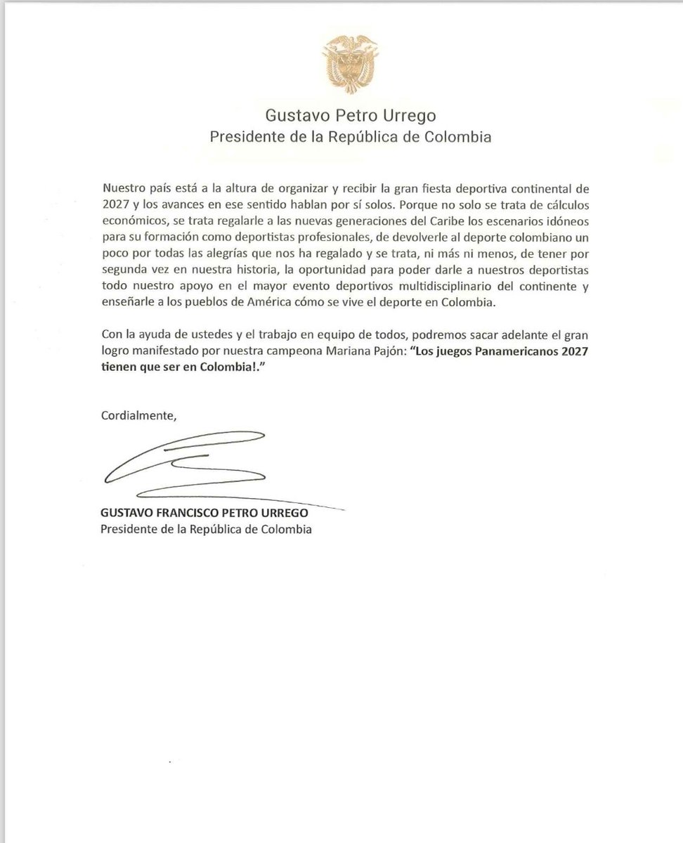 WRadioColombia's tweet photo. #ATENCIÓN | El presidente @petrogustavo envió carta a Panam Sports expresando su “voluntad y compromiso de superar cualquier obstáculo”, ante la pérdida de la sede de los Juegos Panamericanos 2027. https://t.co/TAOUv5d2Ux
