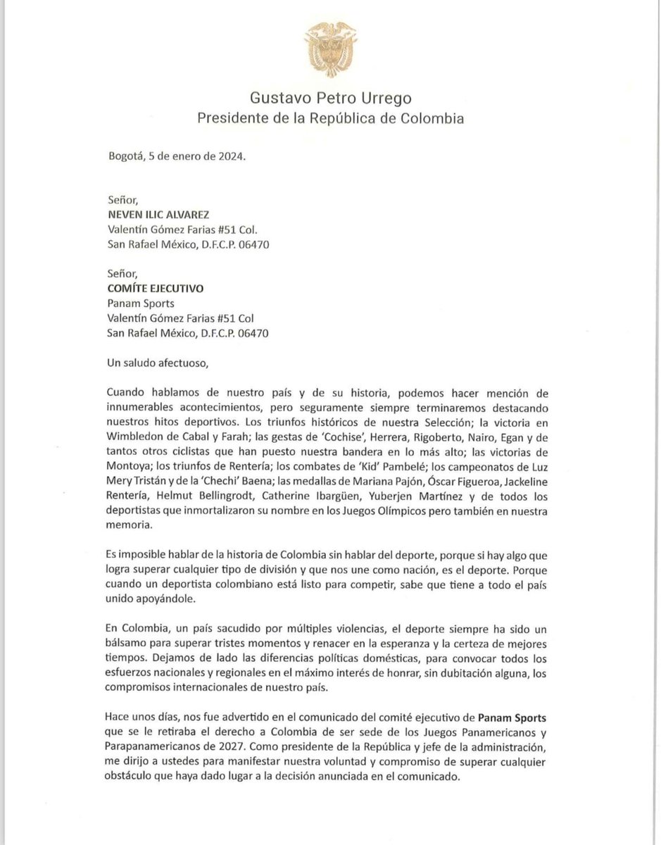 WRadioColombia's tweet photo. #ATENCIÓN | El presidente @petrogustavo envió carta a Panam Sports expresando su “voluntad y compromiso de superar cualquier obstáculo”, ante la pérdida de la sede de los Juegos Panamericanos 2027. https://t.co/TAOUv5d2Ux