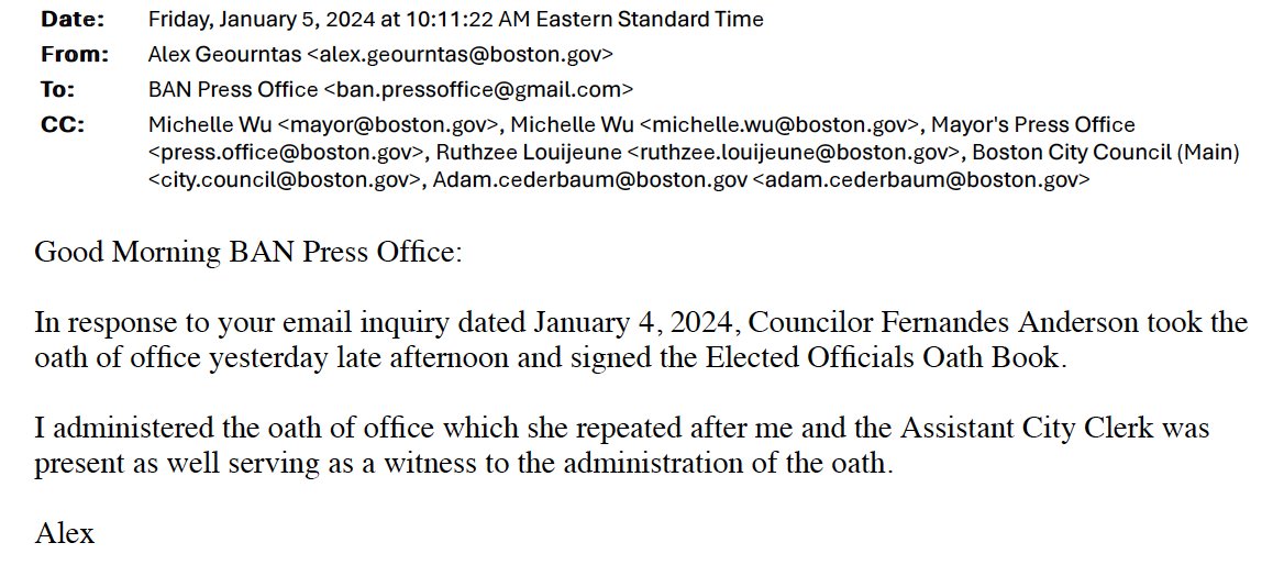 Boston_Account's tweet photo. **Update**
BAN has received confirmation from the @CityOfBoston Clerk that Councilor @Tania4D7 did take her oath "yesterday late afternoon."
According to the Clerk, he "administered the oath of office which she repeated" as the Asst. Clerk stood witness.
#bospoli #OathGate