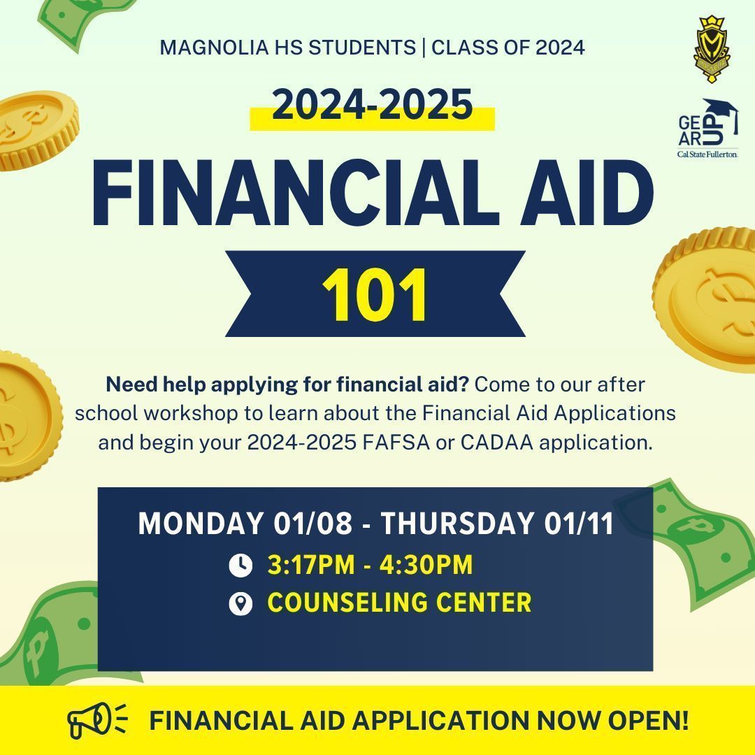 GEAR UP Sentinels Class of 2024: Need help with the Financial Aid Application? Stop by next week after school to get some in-person assistance!
