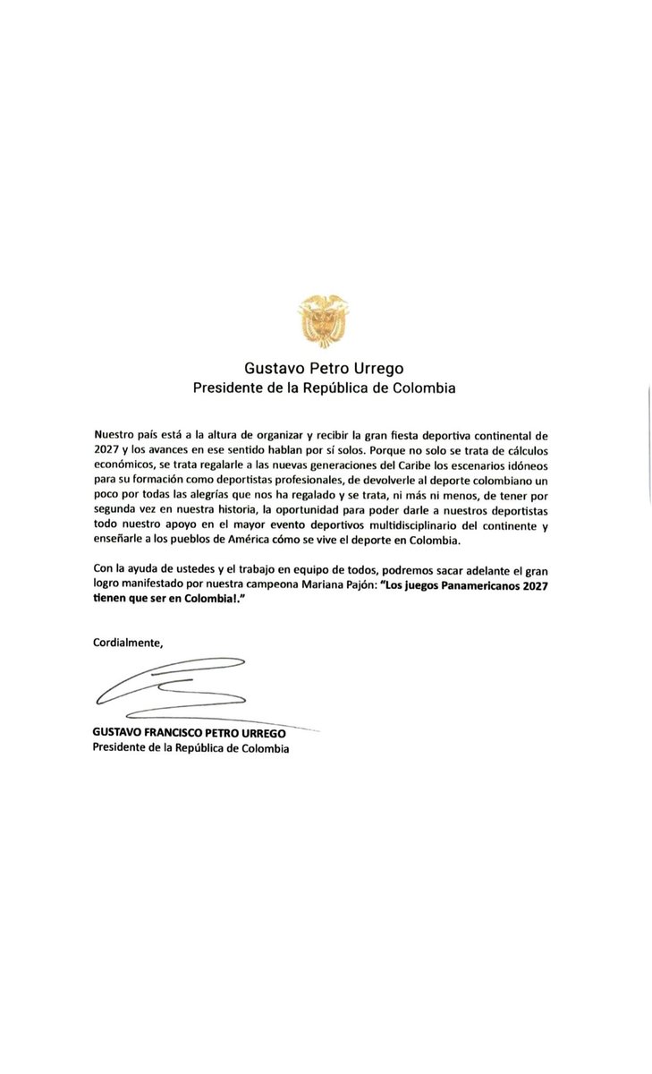 tcherassi2's tweet photo. El deporte es el corazón que une a nuestra nación, y el presidente @petrogustavo lo sabe bien. Su compromiso para salvaguardar los #JuegosPanamericanos2027 refleja la garra de Colombia: siempre resiliente, siempre adelante. ¡Este es el liderazgo que inspira y une! Sí se puede, @AlejandroChar.