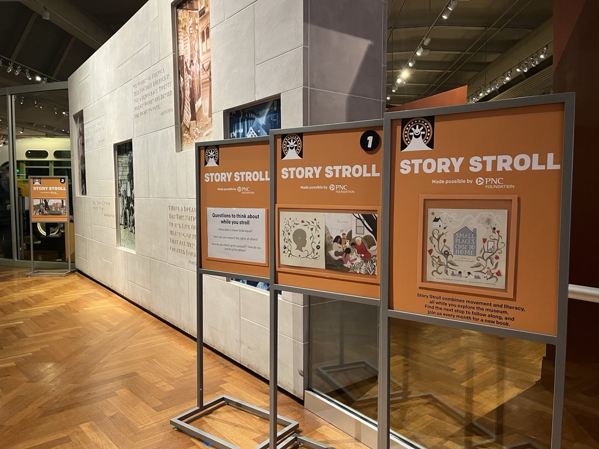 Story Stroll combines movement & literacy, all while exploring the museum. January's story is “Small Places, Close to Home: A Child’s Declaration of Rights,” written by Deborah Hopkinson & illustrated by Kate Gardiner. The first stop is by “With Liberty and Justice for All.”