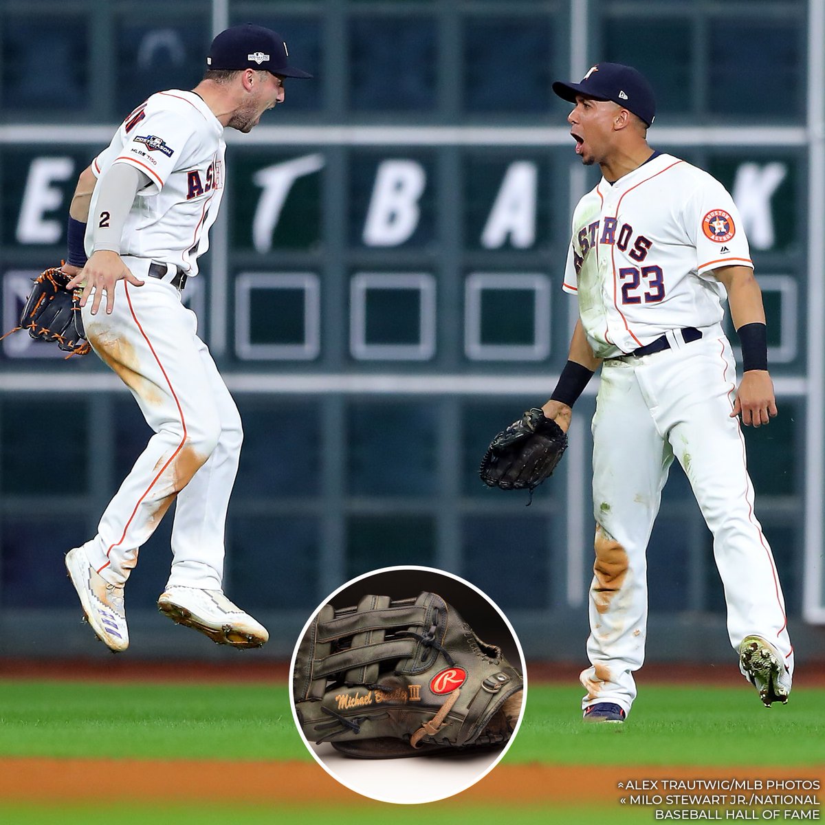 baseballhall's tweet photo. Congratulations to Michael Brantley on an outstanding 15-year career!

Come see us in Cooperstown, where the glove from your 2019 season and iconic American League Championship Series double play is preserved for all time. https://t.co/TIpio7nzHx
