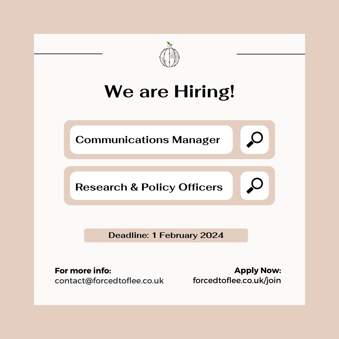 Forced2Flee's tweet photo. New Year? That means a new team!

We're looking for a:

➡️Communications Manager (x1)
➡️Research &amp; Policy Officer (multiple positions)

Apply now at https://t.co/3ADs2lyRiz! https://t.co/VoBdAZamt1