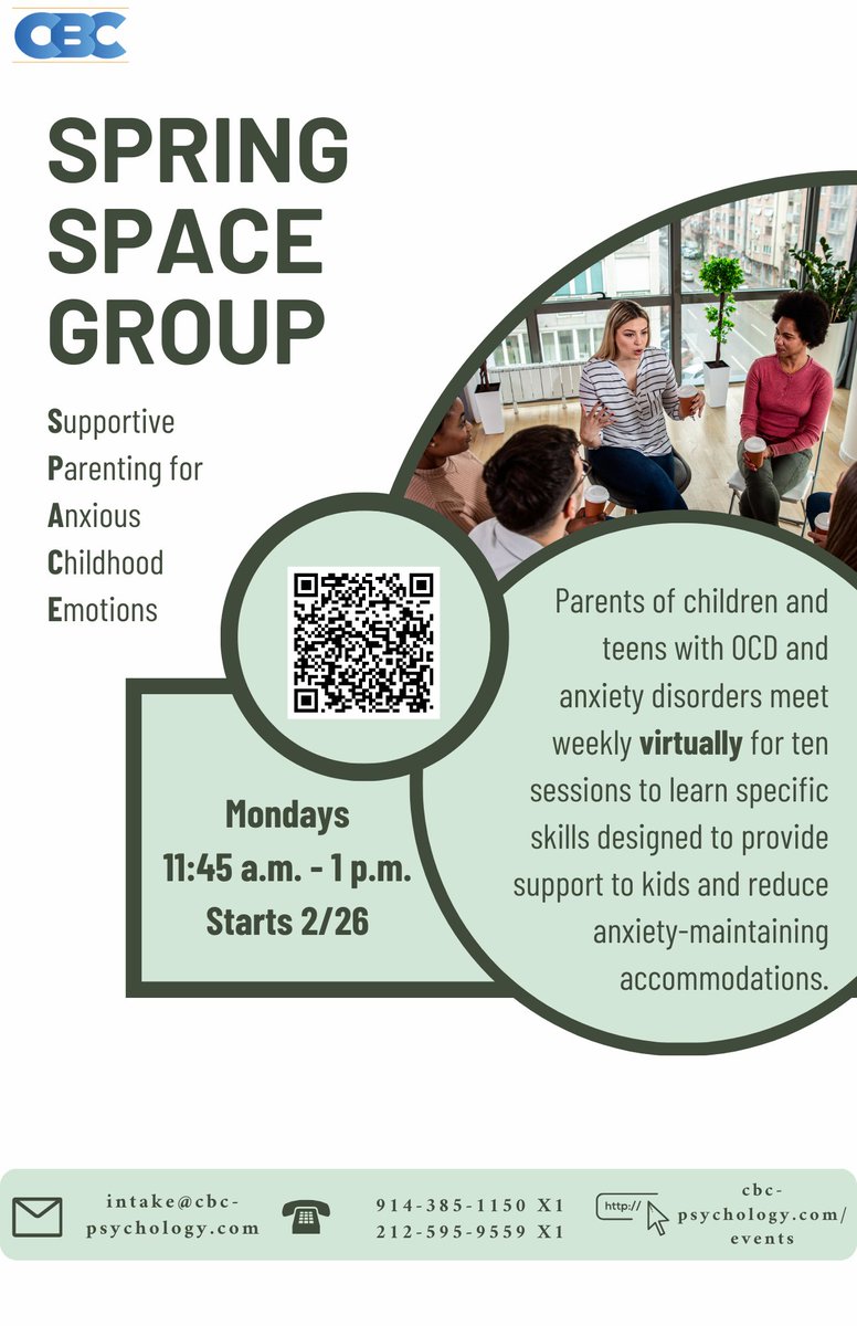 RachelLF_LMSW's tweet photo. Did you know that #Parents can help their child overcome #anxiety by reducing parental accommodation? I will be running
@CBC_Psychology
next Supportive Parenting For Anxious Childhood Emotions (SPACE group) on 2/26/24. Click here for more information: https://t.co/L72LzRaRRM https://t.co/zDncA1Flcx