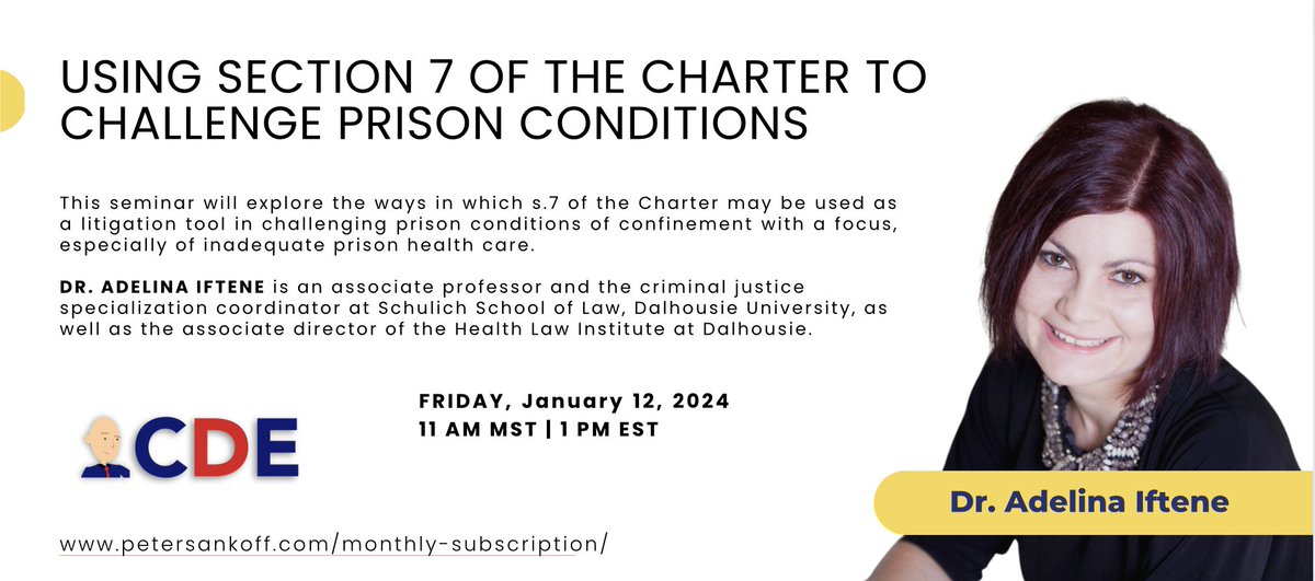 ProfessorSankoff'sCDE (@profsankoffscde) on Twitter photo New year, new seminars! Join us next Friday, when <a href="/adelina_iftene/">Adelina Iftene</a> discusses the use of section 7 of the Charter to challenge prison conditions. Exclusively to subscribers. Join today to get access to our vast research database! petersankoff.com/monthly-subscr… New year, new seminars! Join us next Friday, when <a href="/adelina_iftene/">Adelina Iftene</a> discusses the use of section 7 of the Charter to challenge prison conditions. Exclusively to subscribers. Join today to get access to our vast research database! petersankoff.com/monthly-subscr…