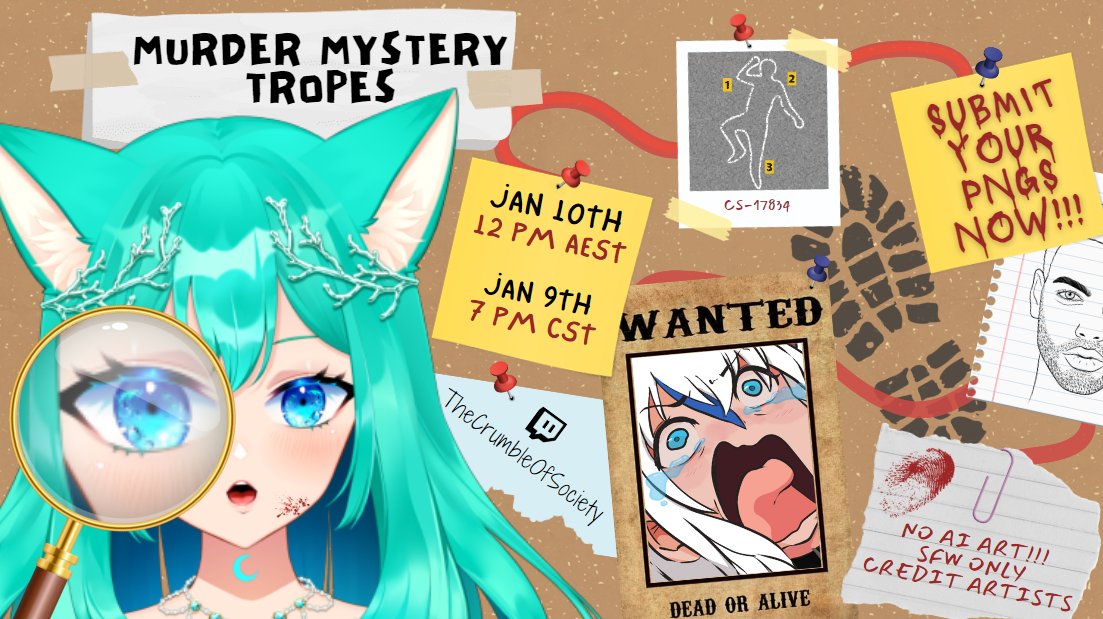 ✨🌊IT'S MY BIRTHDAY!🌊✨
🗓️Jan 10th, 12pm AEST
🕵️‍♀️I'll be categorizing y'all into Murder Mystery Tropes!
Are you a Murderer, Victim, Detective or Framed!?

RULES:
✅Drop your SFW Art
🎨Credit Your Artist/s
🔍Tell me what your alibi is!?
🚫NO A/I Art!
⚠️Deadline: 9th
See you then!