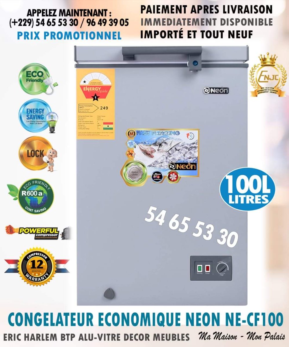 eric_harlem2's tweet photo. APPELEZ ET COMMANDEZ MAINTENANT ☎️🇧🇯 (+229) 54 65 53 30 / 96 49 39 05 POUR OBTENIR SANS DÉLAI VOTRE CONGÉLATEUR  NÉON NE-CF100 LITRES TRÈS ÉCONOMIQUE.
✔️ IMMÉDIATEMENT DISPONIBLE 
IMPORTÉ TOUT NEUF. LE STOCK EST TRÈS LIMITÉ ⏱️
🚛 LIVRAISON GRATUITE... PAIEMENT À LA RÉCEPTION. https://t.co/63pBphaPjN
