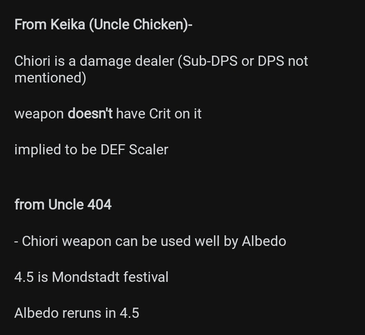 timelychiori's tweet photo. // sus leaks!! please take with a lot of salt!

some info about chiori! possibly scales with defense, and could be a sub or main dps!! quite different from the support kit people have been alluding to!! i can't wait to see how she works :D https://t.co/yEEDxZ4OYS