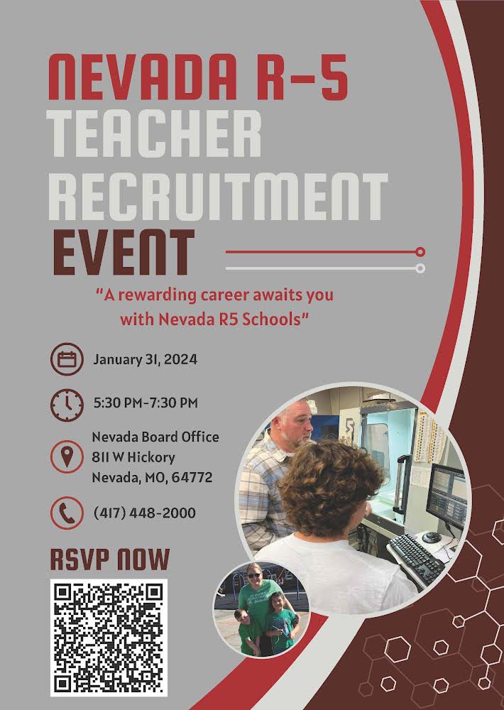 The Nevada RV School District is excited to invite potential teacher candidates to a recruitment event on January 31st. Join us to learn about the rewarding career that awaits you as a member of the Nevada RV Staff. See the flier for details and RSVP at  bit.ly/FutureTige