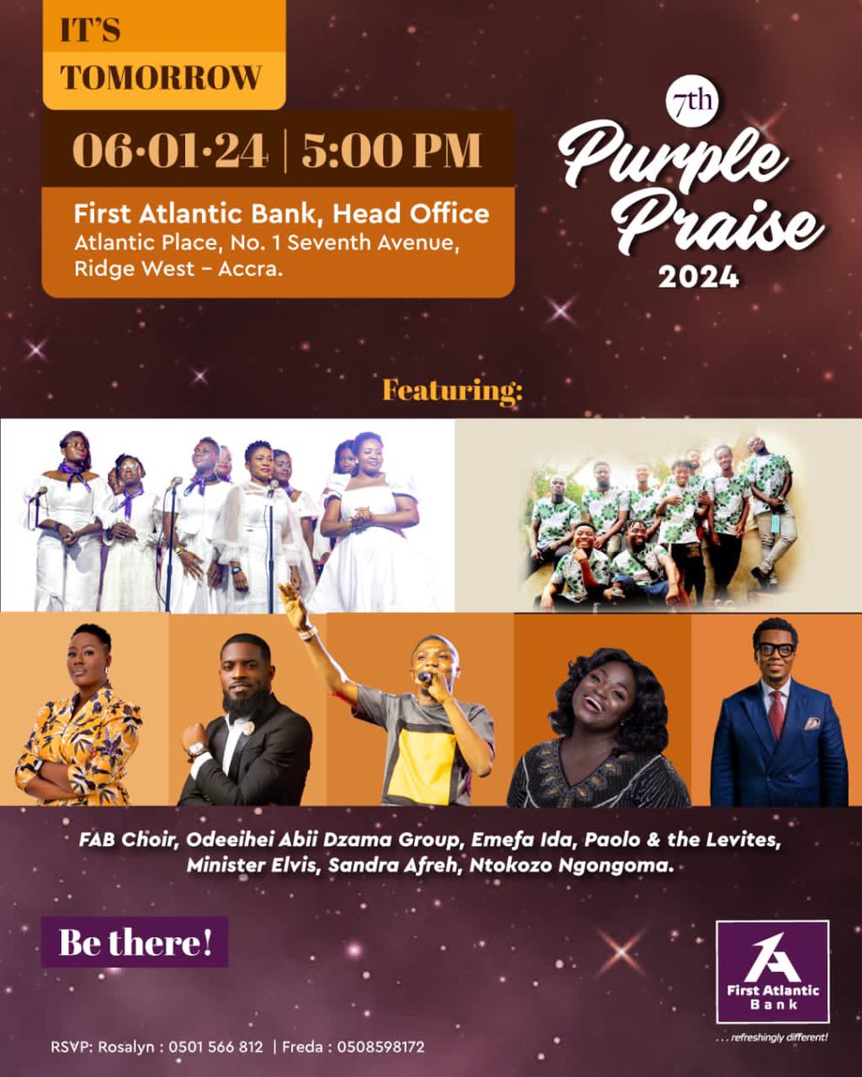 FirstAtlanticGH's tweet photo. Less than 24hrs to go! The 7th Edition of Purple Praise is happening live 5:00pm tomorrow Saturday, 6th January 2024!!
We can't wait to praise and worship the Lord with you @NtokozoNgongoma @Elvisbentil4 ๐๐พ ๐ ๐๐พ ๐บ๐พ ๐๐พ
#firstatlanticbank #refreshinglydifferent #purplexperience #purplepraise2024