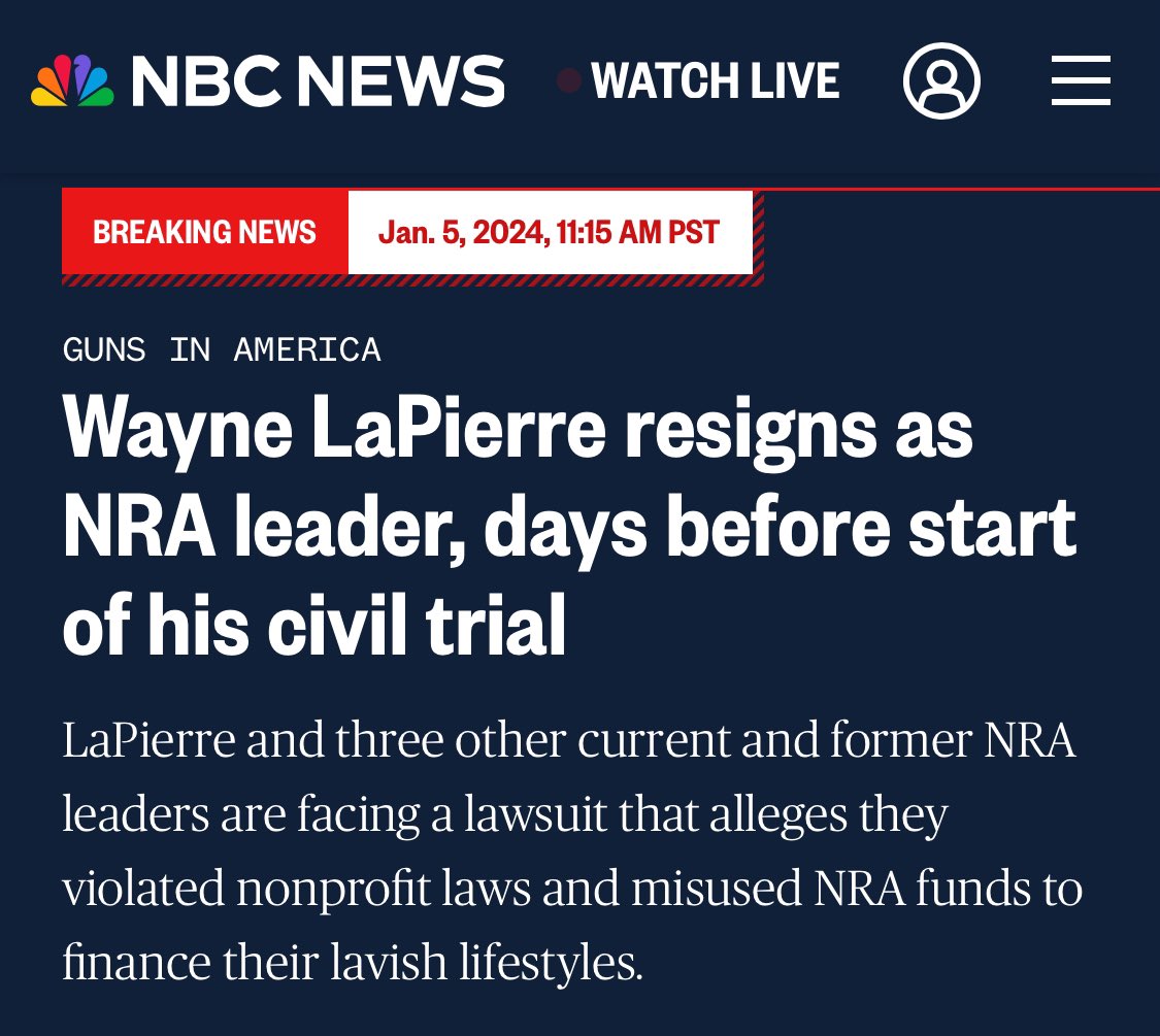 #DemVoice1  At long last, #WayneLaPierre resigns along with two other NRA members as they are accused of violating nonprofit laws, using the funds for their personal use.  @POTUS will continue to advocate for a ban on assault weapons- @MomsDemand @davidhogg111…
