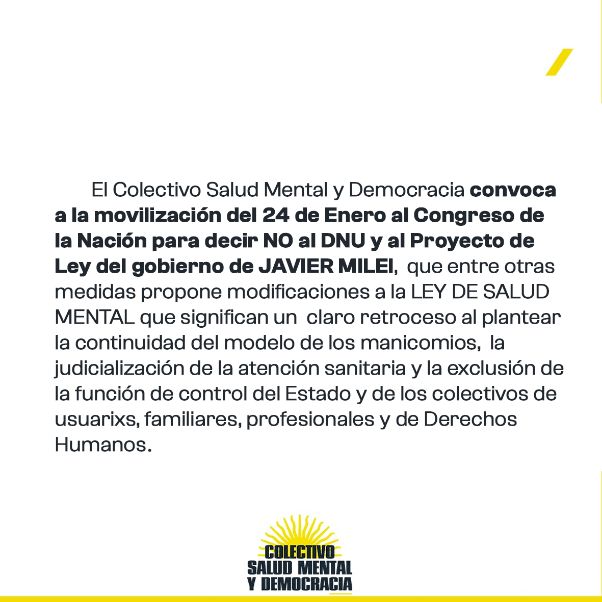 SMyDemocracia's tweet photo. 📝 DOCUMENTO CONVOCATORIA A LA MOVILIZACIÓN DEL 24 DE ENERO

🫱🏼‍🫲🏽 El Colectivo Salud Mental y Democracia convoca a la movilización del 24 de Enero al Congreso de la Nación para decir NO al DNU y al Proyecto de Ley del gobierno de JAVIER MILEI , (Abrimos hilo) https://t.co/846J3dQWMU