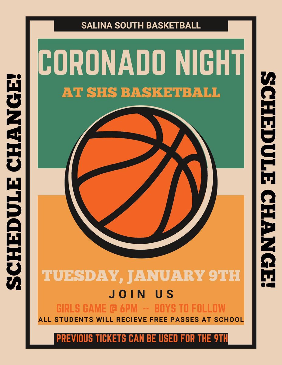 SalinaSouthGBB's tweet photo. Tonight's @SouthCougars basketball games against Newton have been postponed. Due to the postponement, our "Coronado Night" will be moved to next Tuesday, January 9th against Campus! All tickets that were handed out will be honored for that night. Come out and support us Tuesday! https://t.co/qL3cDVPDW0