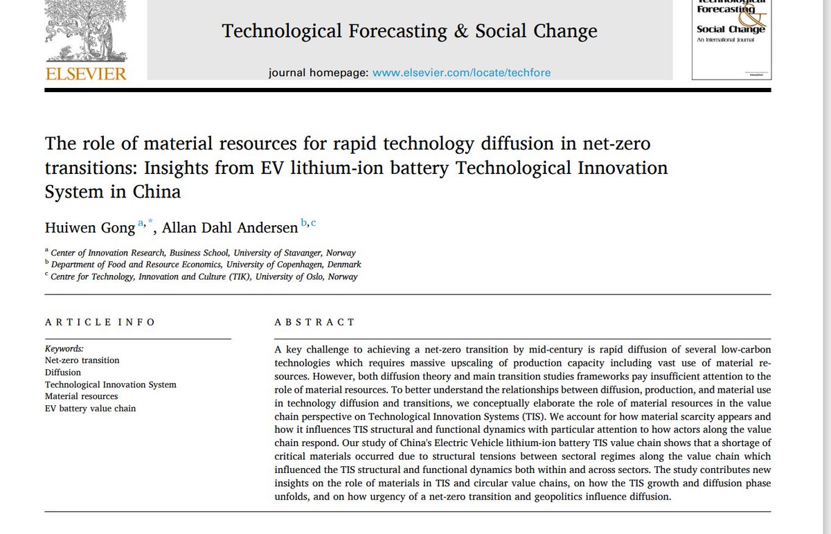 Thrilled to share that our paper on China's strategies in securing material resources for its burgeoning battery industry has been recently published @TFSC. sciencedirect.com/science/articl…