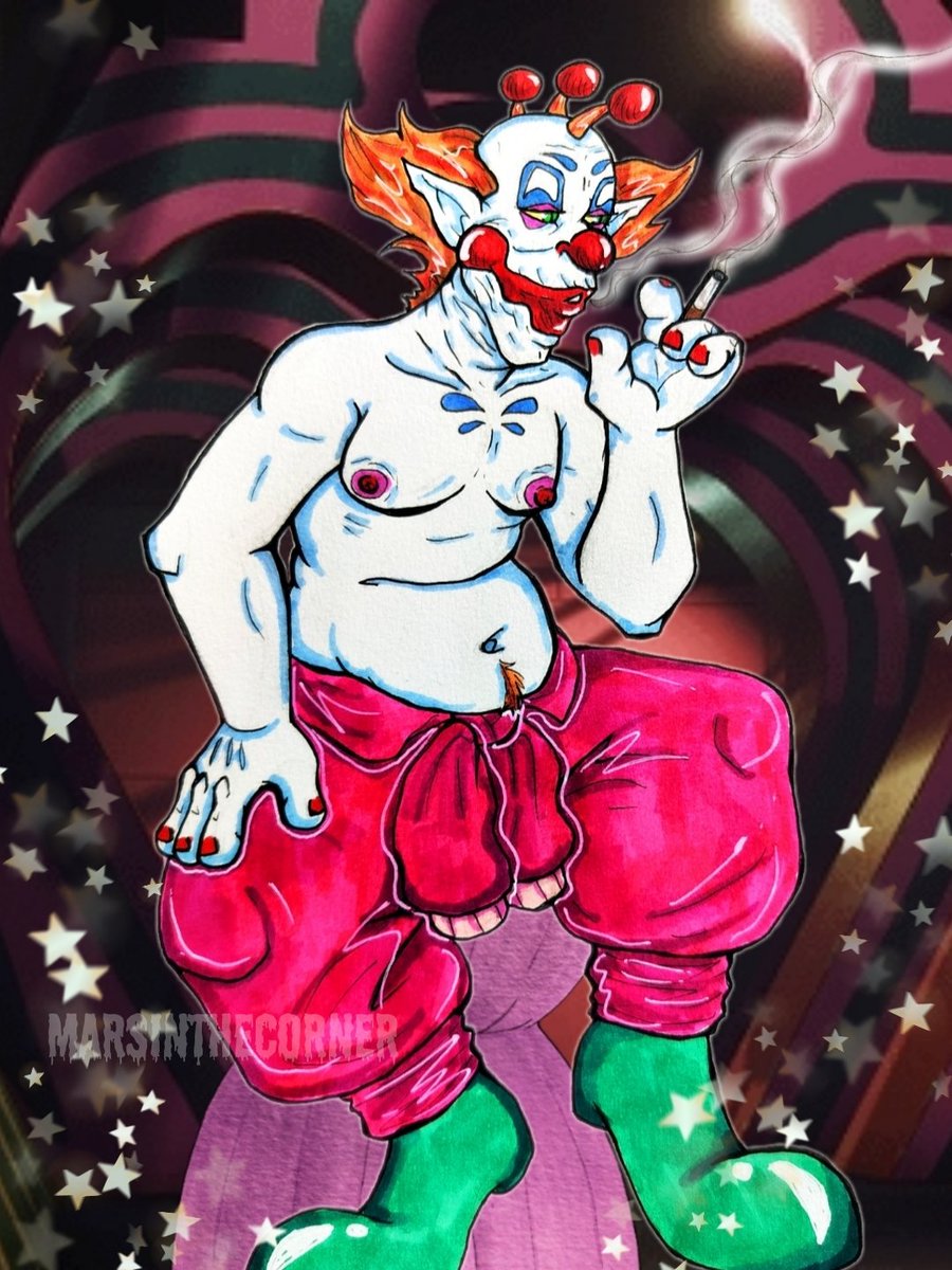 MarsintheCorner's tweet photo. I love the image of clowns (Klowns) smoking lol. Slim's been helping with repairs on the ship and is now taking a break, and now has picked up a habit from humans.

#myart #killerklownsfromouterspace
#kkfos #slim #killerklowns #kkfosslim #killerklownslim https://t.co/sacqbcvqsR