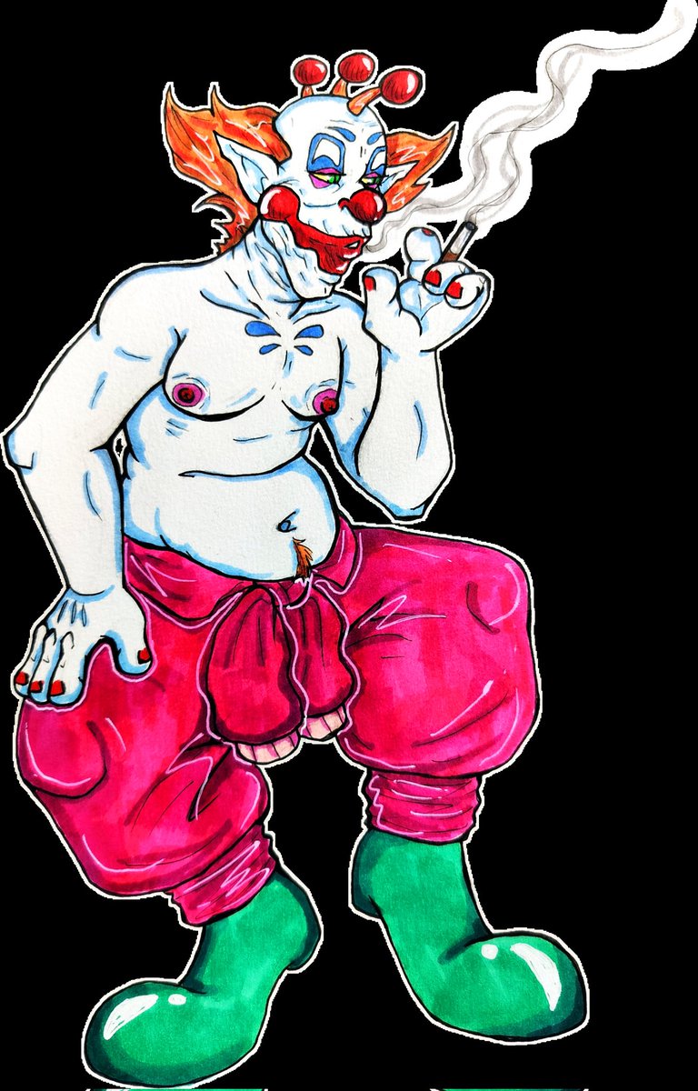 MarsintheCorner's tweet photo. I love the image of clowns (Klowns) smoking lol. Slim's been helping with repairs on the ship and is now taking a break, and now has picked up a habit from humans.

#myart #killerklownsfromouterspace
#kkfos #slim #killerklowns #kkfosslim #killerklownslim https://t.co/sacqbcvqsR