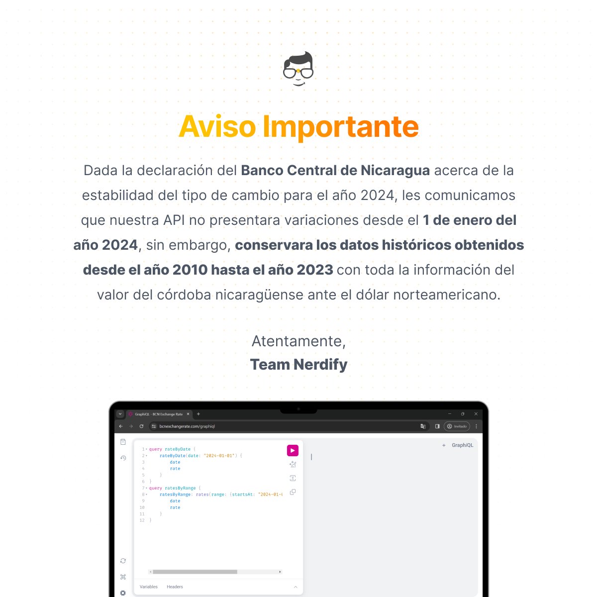 getnerdify's tweet photo. ⚠️ Aviso Importante ⚠️

Debido a la creciente demanda por parte de los usuarios de nuestra API, deseamos compartir información relevante con ustedes. Agradecemos sinceramente la confianza que han depositado en nosotros.

#Nerdify #Programming #Coding #APINerdify #API #Nicaragua https://t.co/wC4bkkkwPr