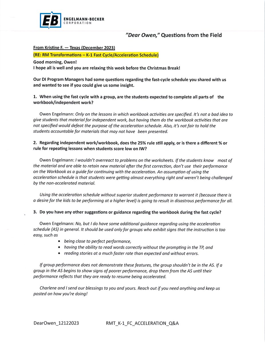 EngelmannBecker's tweet photo. "Dear Owen," Questions from the Field-
Owen Engelmann, Senior DI Author and President of Engelmann-Becker Corp often receives emails and calls from the field regarding program related implementation questions. One in December is regarding Reading Mastery Transformations Grade K-1 Fast Cycle/Acceleration Schedule. We've received a dozen or so similar questions so we're going to post the Q&A as an image that you can share! If you need a pdf of the Q&A or of the Acceleration Schedule, please DM us here or on FB!  #ReadingMasteryTransformations @McGrawHillK12 #DearOwen #DIquestionsfromthefield