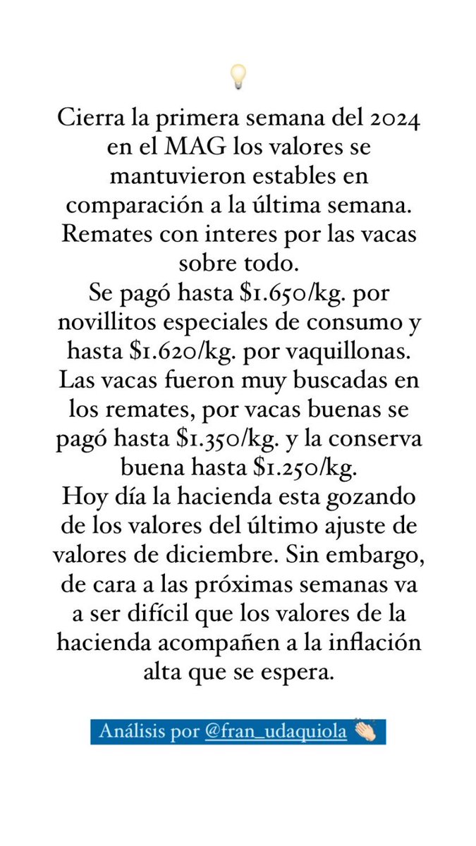AZGroup_ok's tweet photo. 👉🏻Cierra la primera semana del 2024 en el MAG los valores se mantuvieron estables en comparación a la última semana. Remates con interes por las vacas sobre todo. 

Análisis por @Fran_Udaquiola 

#cierre #mercado #mag #novillos #vacas #agroganadero https://t.co/BT6lDGLxLZ
