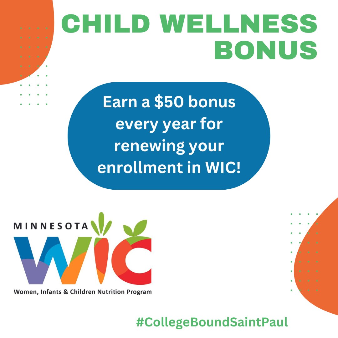 CollegeBound families! Did you know you can earn the $50 Child Wellness Bonus every year for engaging in activities that promote your baby's health? This can include participating in WIC.

#CollegeBound #CBSTP #CollegeSavingsAccounts #saveforyourchildsfuture